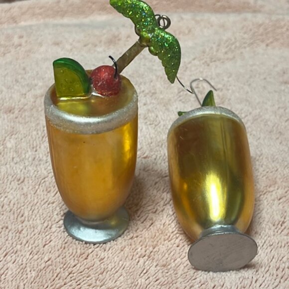 Two Christmas Hand Blown Glass Tropical Cocktail Themed Holiday Ornaments 4" - Picture 3 of 13